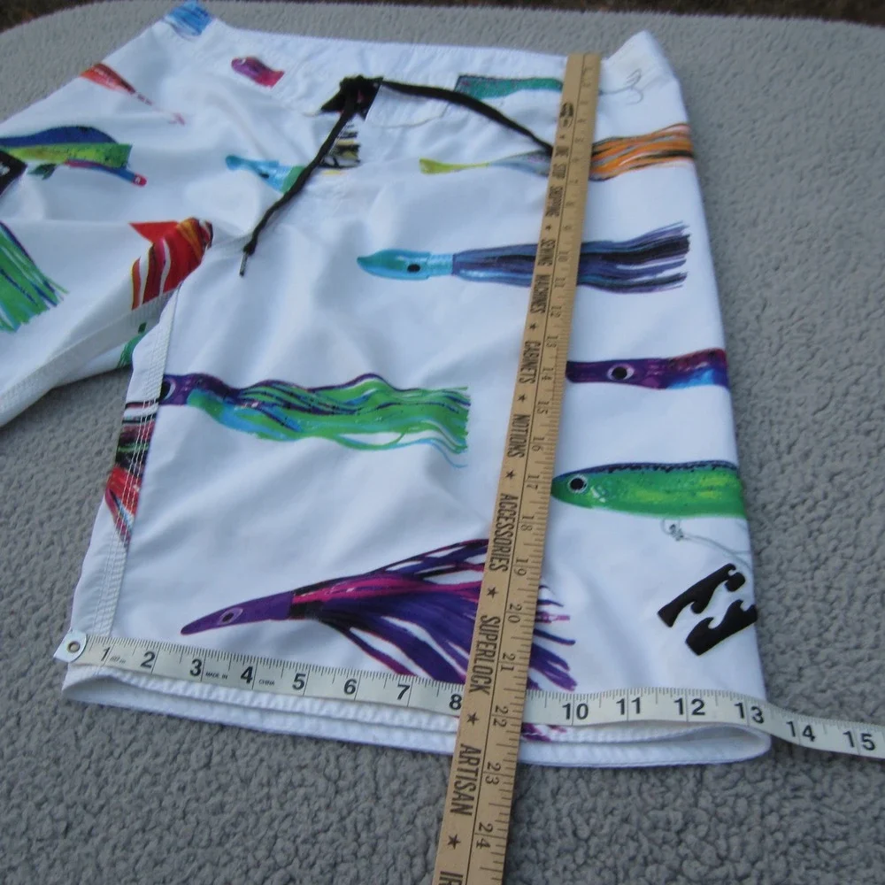 Billabong Board Short Mens 38 White Blue Fishing Lure Print Beach